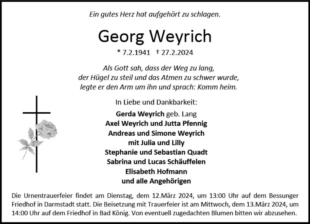  Traueranzeige für Georg Weyrich vom 02.03.2024 aus Odenwälder Echo