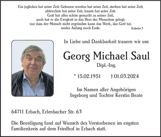 Traueranzeige von Georg Michael Saul von Odenwälder Echo