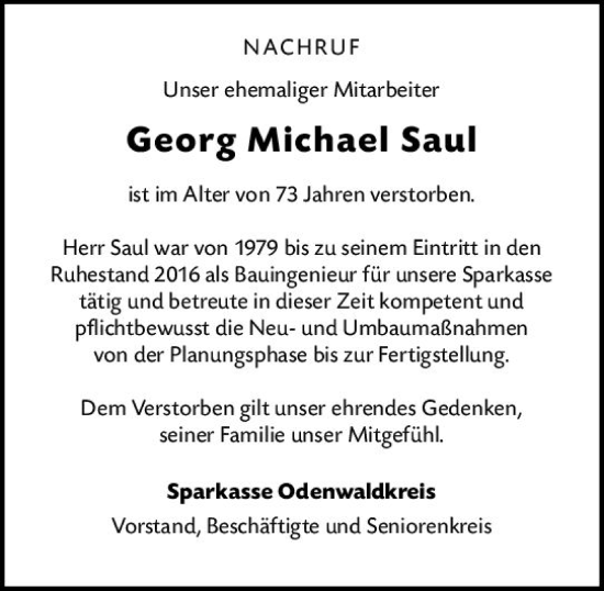 Traueranzeige von Georg Michael Saul von Odenwälder Echo
