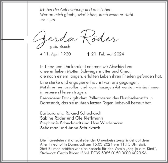 Traueranzeige von Gerda Röder von Darmstädter Echo