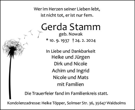 Traueranzeige von Gerda Stamm von Wetzlarer Neue Zeitung
