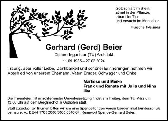 Traueranzeige von Gerhard Beier von Wormser Zeitung