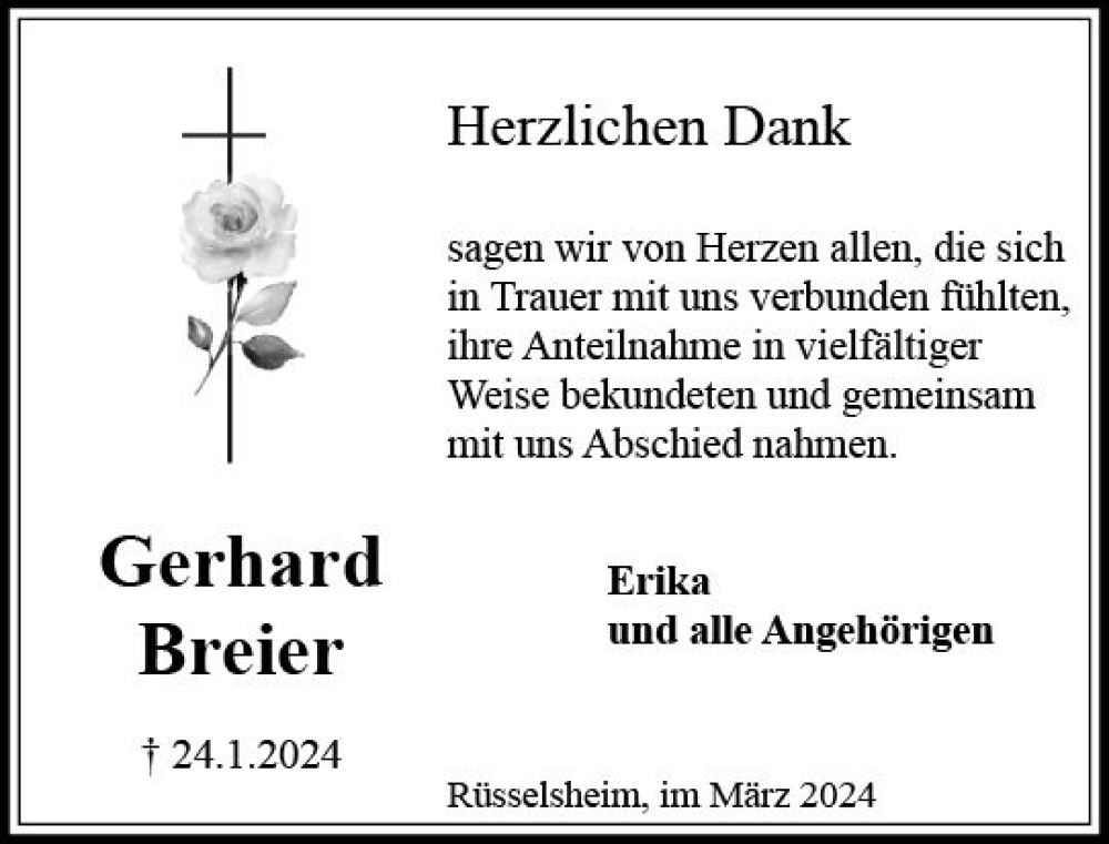  Traueranzeige für Gerhard Breier vom 02.03.2024 aus Rüsselsheimer Echo