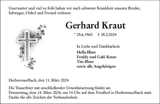 Traueranzeige von Gerhard Kraut von Dill Block