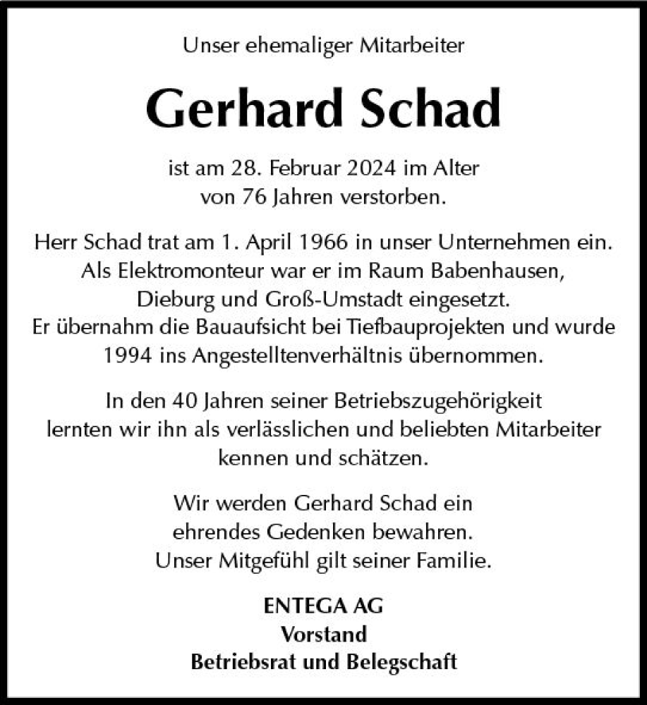  Traueranzeige für Gerhard Schad vom 16.03.2024 aus Odenwälder Echo