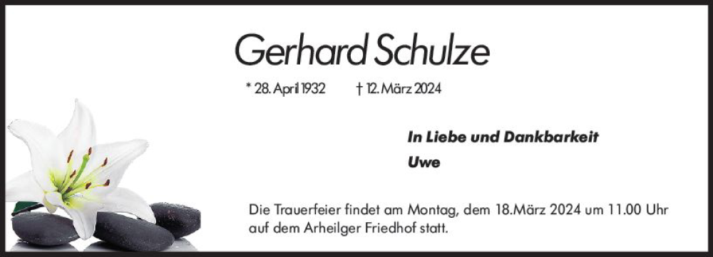  Traueranzeige für Gerhard Schulze vom 16.03.2024 aus Groß-Gerauer Echo
