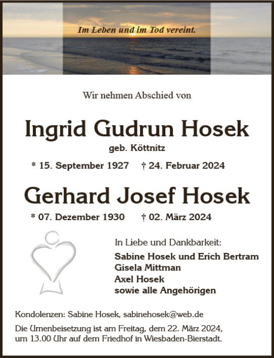 Traueranzeige von Gerhard Josef Hosek von Wiesbadener Kurier