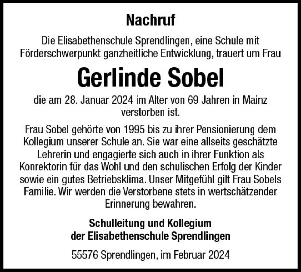  Traueranzeige für Gerlinde Sobel vom 09.03.2024 aus Allgemeine Zeitung Bingen/Ingelheim