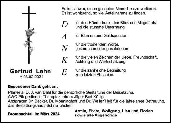 Traueranzeige von Gertrud Lehn von Odenwälder Echo