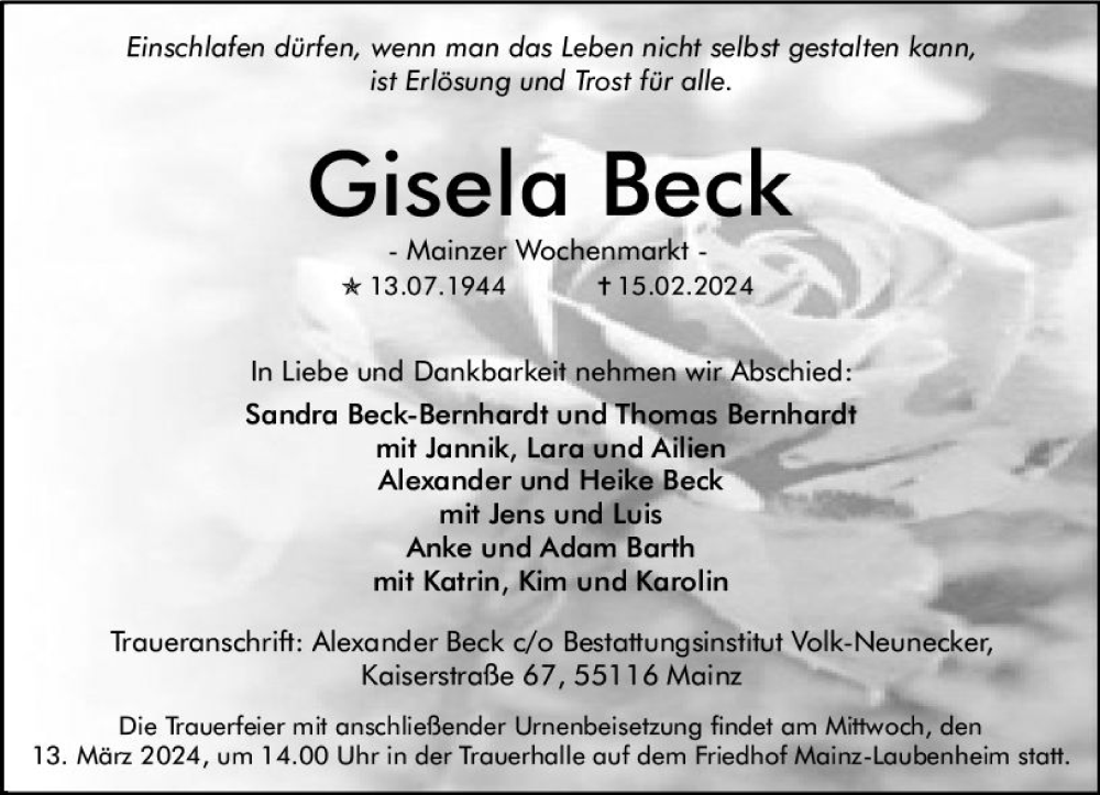  Traueranzeige für Gisela Beck vom 09.03.2024 aus Allgemeine Zeitung Mainz