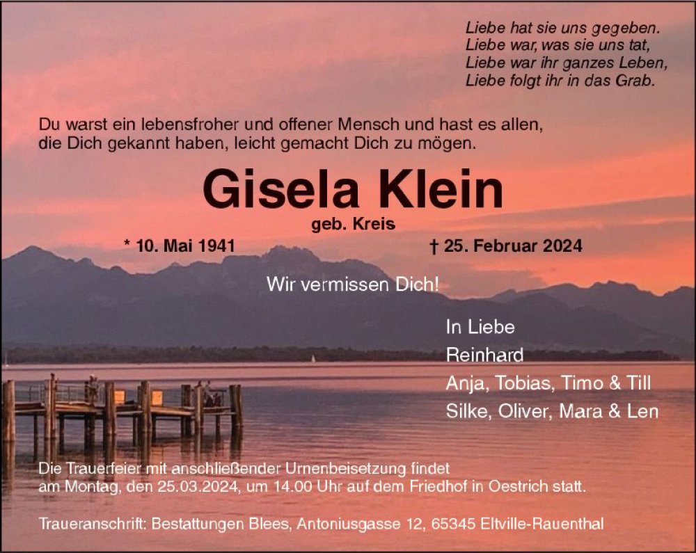  Traueranzeige für Gisela Klein vom 16.03.2024 aus Rheingau Kurier