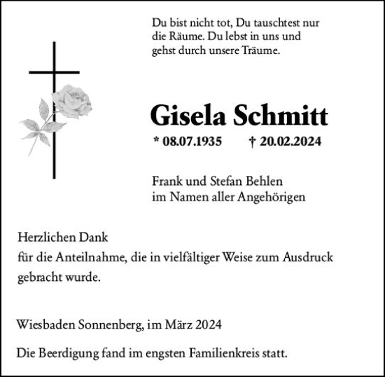 Traueranzeige von Gisela Schmitt von Wiesbadener Kurier