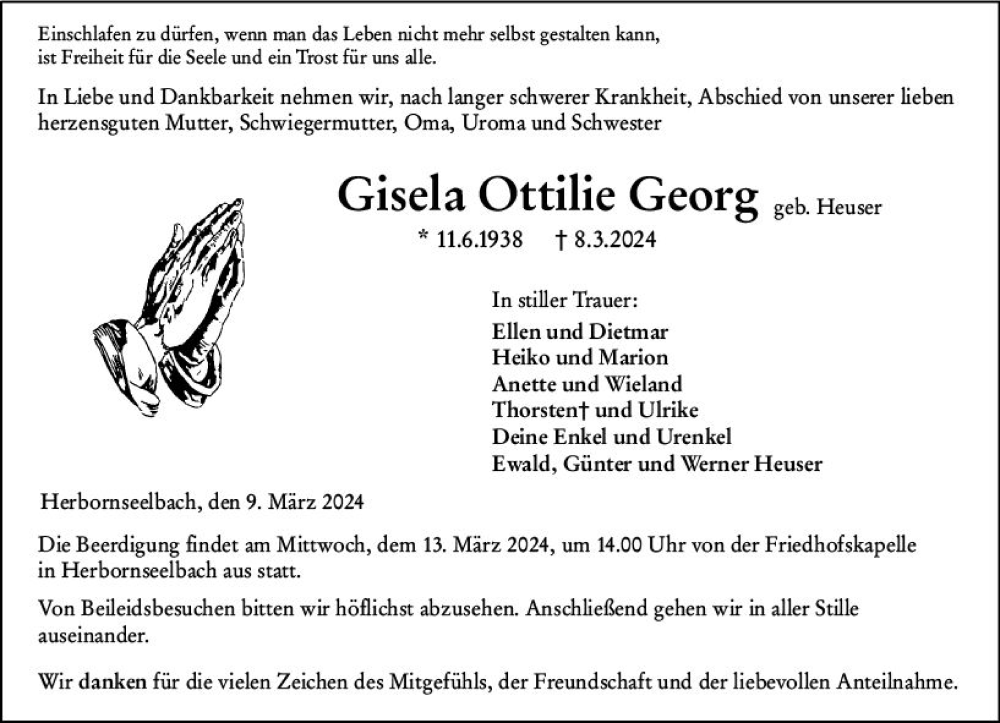  Traueranzeige für Gisela Ottilie Georg vom 09.03.2024 aus Dill Block