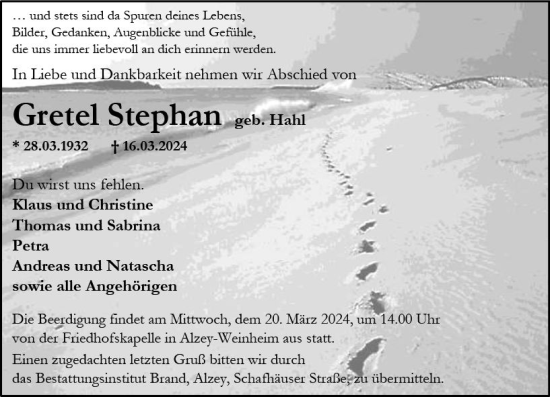 Traueranzeige von Gretel Stephan von Allgemeine Zeitung Alzey