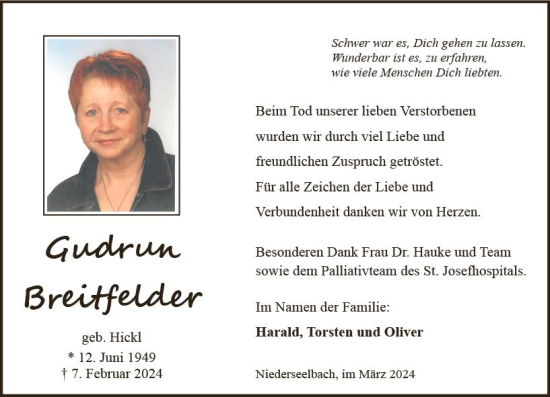Traueranzeige von Gudrun Breitfelder von Wiesbadener Kurier