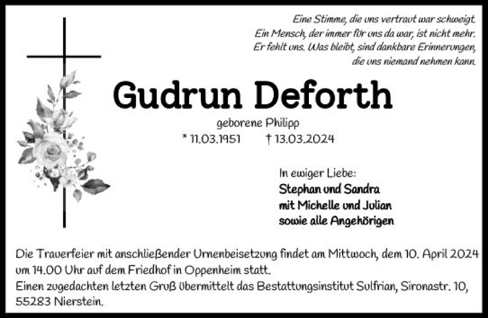  Traueranzeige für Gudrun Deforth vom 30.03.2024 aus Allgemeine Zeitung Mainz