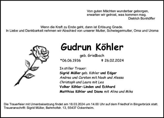 Traueranzeige von Gudrun Köhler von Binger-/Ingelheimer Wochenblatt