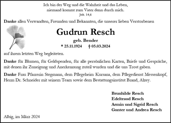 Traueranzeige von Gudrun Resch von Allgemeine Zeitung Alzey