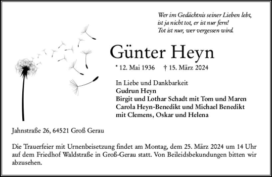 Traueranzeige von Günter Heyn von Groß-Gerauer Echo