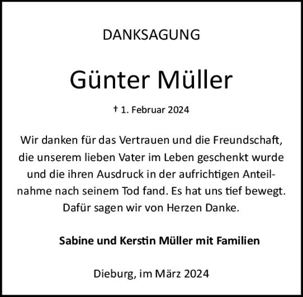  Traueranzeige für Günter Müller vom 02.03.2024 aus Dieburger Anzeiger/Groß-Zimmerner Lokal-Anzeiger
