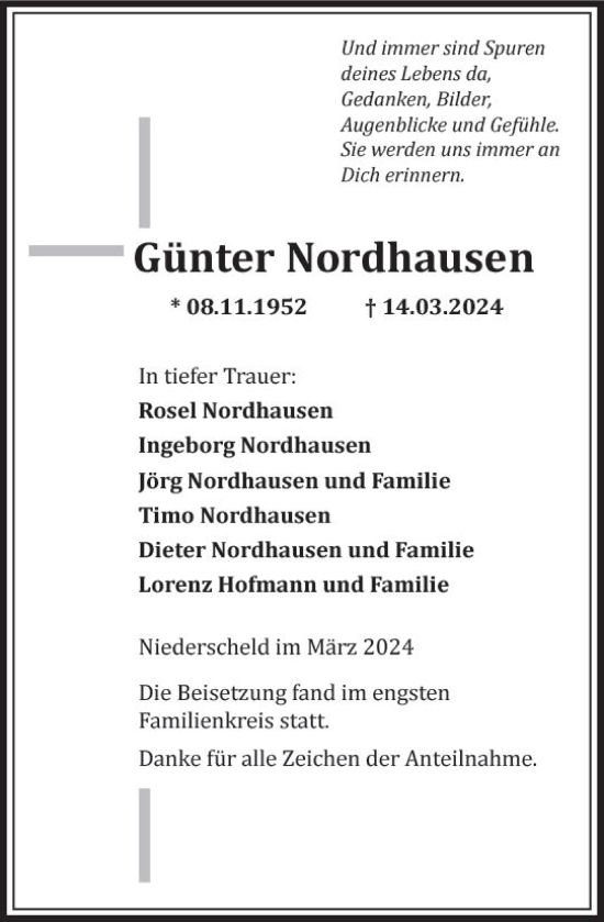 Traueranzeige von Günter Nordhausen von Dill Block