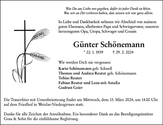 Traueranzeige von Günter Schönemann von Wetzlarer Neue Zeitung
