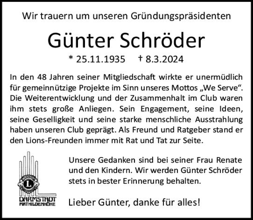  Traueranzeige für Günter Schröder vom 23.03.2024 aus Darmstädter Echo