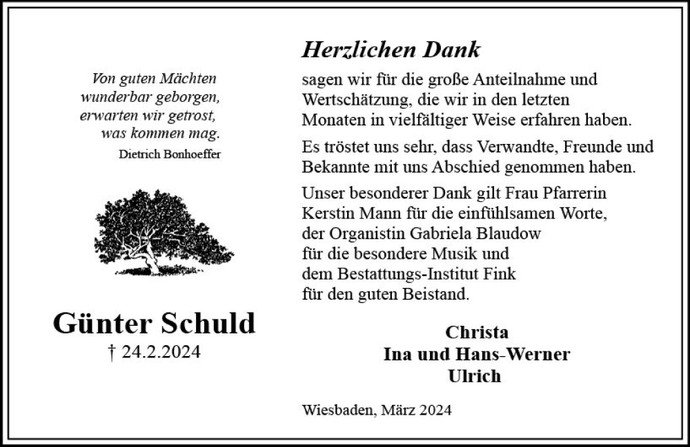  Traueranzeige für Günter Schuld vom 23.03.2024 aus Wiesbadener Kurier