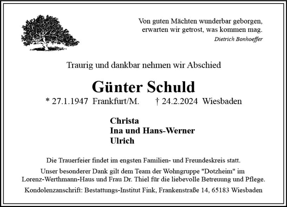  Traueranzeige für Günter Schuld vom 02.03.2024 aus Wiesbadener Kurier
