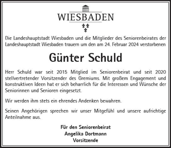 Traueranzeige von Günter Schuld von Wiesbadener Kurier