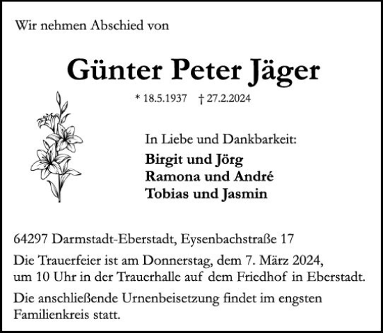 Traueranzeige von Günter Peter Jäger von Darmstädter Echo