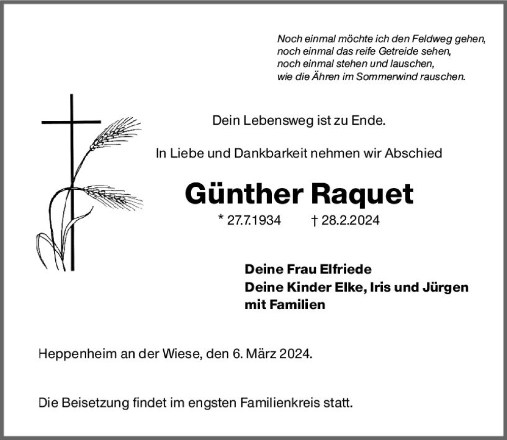  Traueranzeige für Günther Raquet vom 06.03.2024 aus Wormser Zeitung