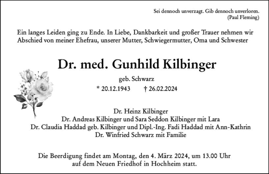 Traueranzeige von Gunhild Kilbinger von Rüsselsheimer Echo