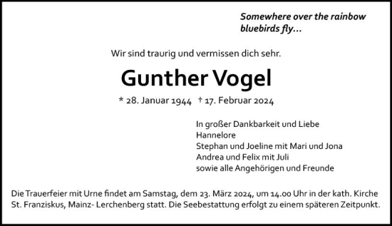 Traueranzeige von Gunther Vogel von Allgemeine Zeitung Mainz