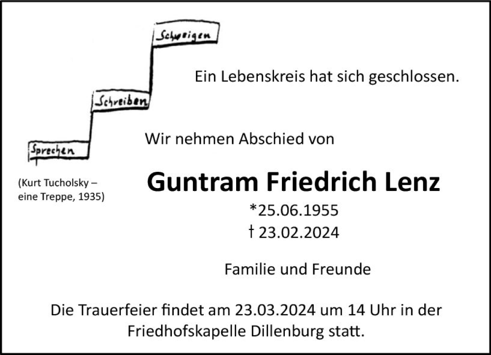  Traueranzeige für Guntram Friedrich Lenz vom 19.03.2024 aus Dill Block