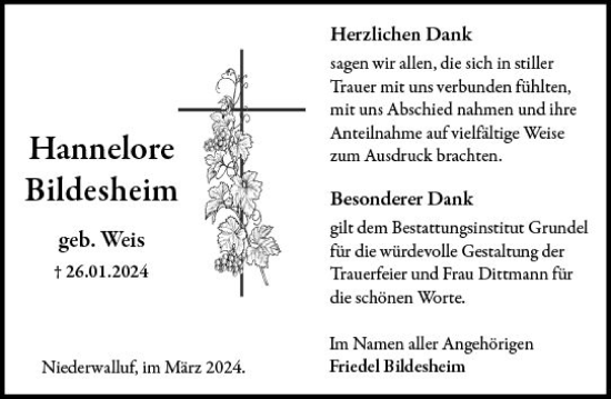 Traueranzeige von Hannelore Bildesheim von Rheingau Kurier