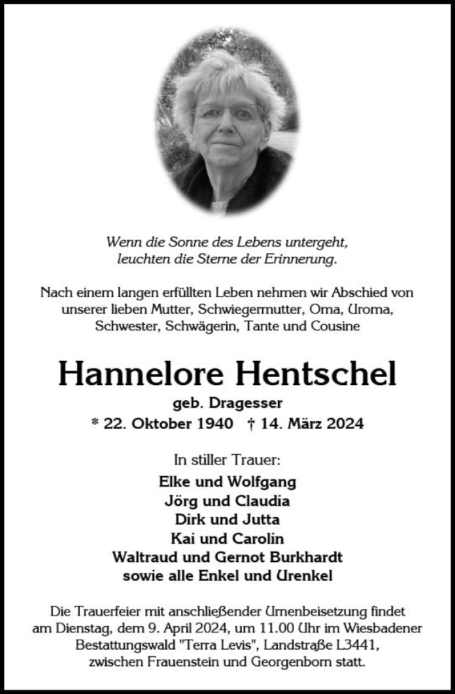  Traueranzeige für Hannelore Hentschel vom 23.03.2024 aus Wiesbadener Kurier