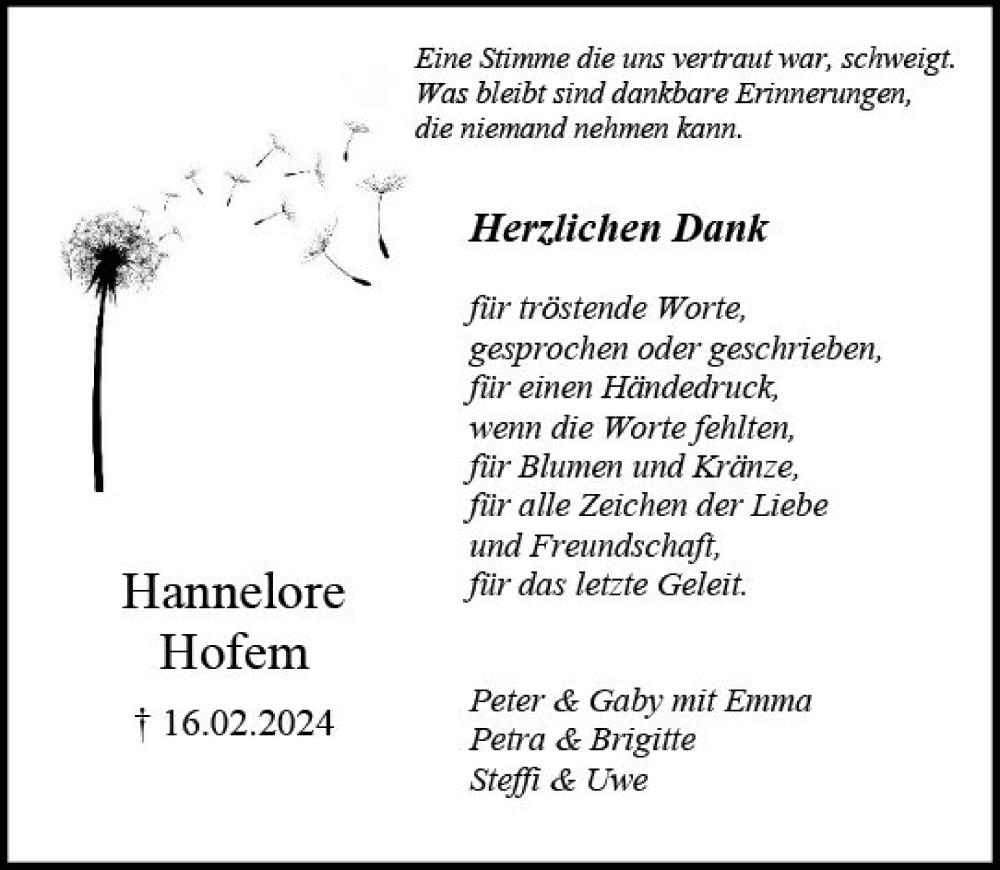  Traueranzeige für Hannelore Hofem vom 16.03.2024 aus Allgemeine Zeitung Mainz
