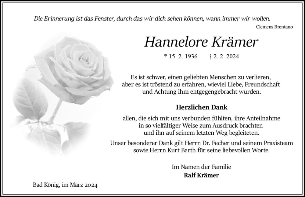  Traueranzeige für Hannelore Krämer vom 09.03.2024 aus Bergsträßer Anzeiger