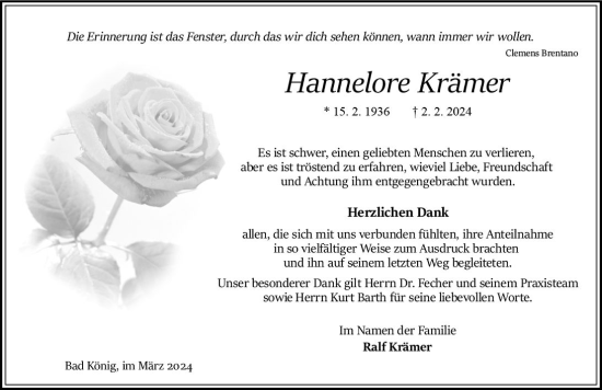 Traueranzeige von Hannelore Krämer von Bergsträßer Anzeiger