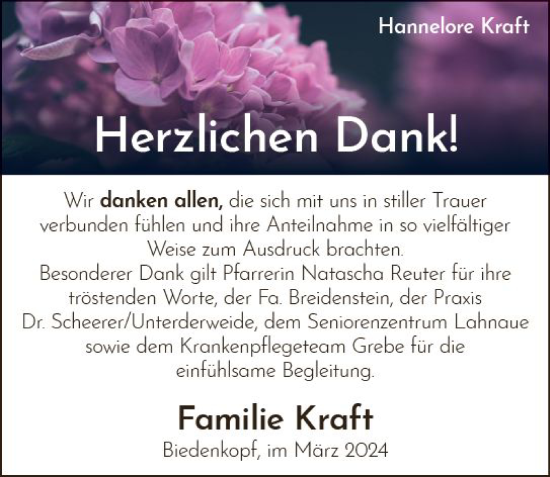 Traueranzeige von Hannelore Kraft von Hinterländer Anzeiger