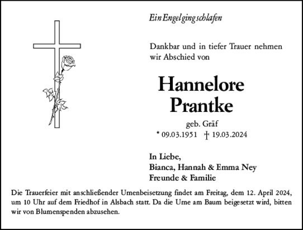  Traueranzeige für Hannelore Prantke vom 30.03.2024 aus Darmstädter Echo