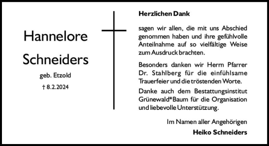 Traueranzeige von Hannelore Schneiders von Allgemeine Zeitung Mainz