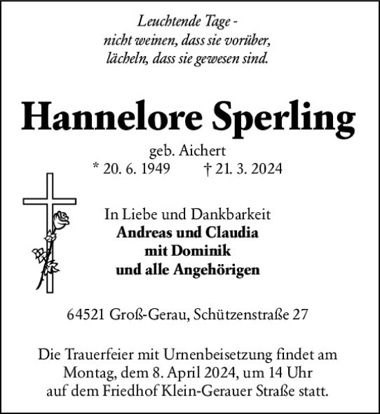 Traueranzeige von Hannelore Sperling von Groß-Gerauer Echo