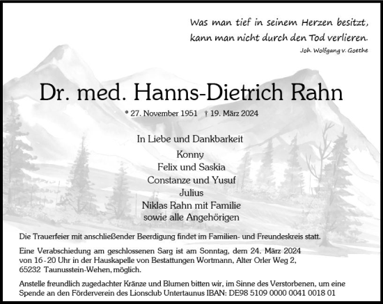 Traueranzeige von Hanns Dietrich Rahn von Wiesbadener Kurier