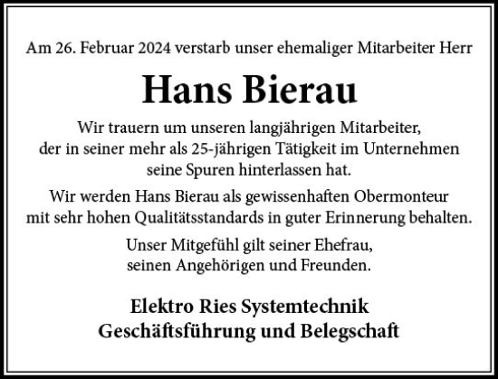 Traueranzeige von Hans Bierau von Allgemeine Zeitung Bingen/Ingelheim