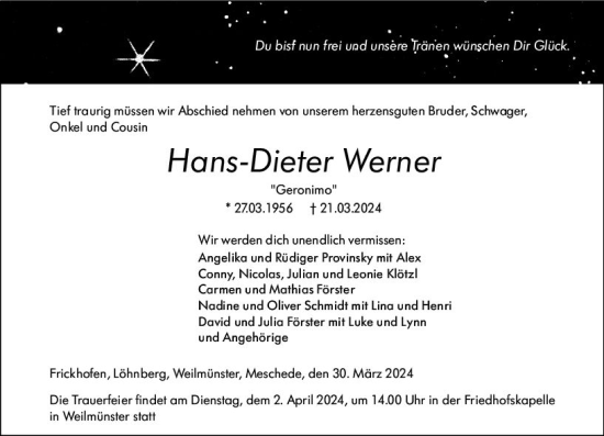Traueranzeige von Hans-Dieter Werner von Weilburger Tageblatt