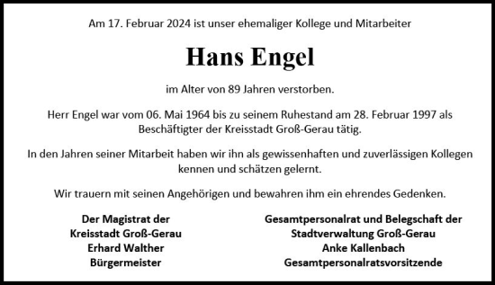 Traueranzeige von Hans Engel von Groß-Gerauer Echo