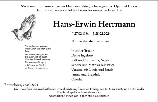 Traueranzeige von Hans-Erwin Herrmann von Hinterländer Anzeiger