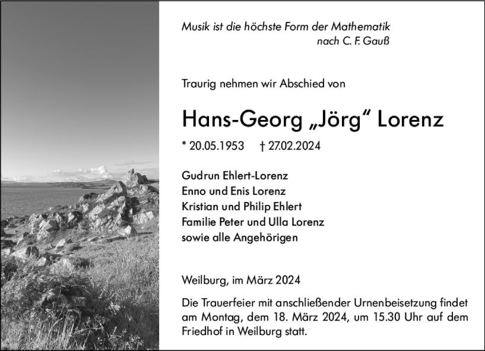  Traueranzeige für Hans-Georg Lorenz vom 09.03.2024 aus Weilburger Tageblatt